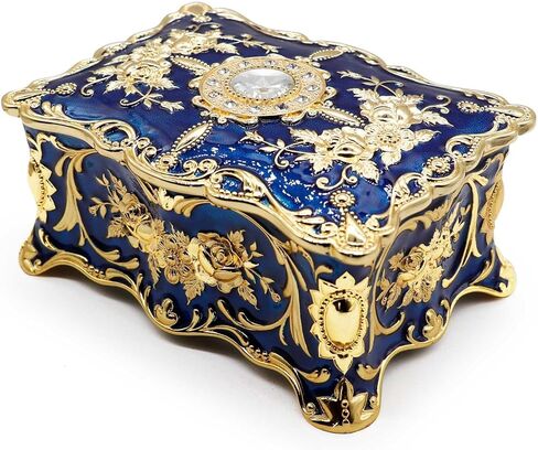 AVESON Luxury Vintage Rectangle Metal Alloy Jewelry Box Trinket Organizer Storage Box with Rose Pattern for Women, Girls, Two-Layer Design, Gold & Blue, Large in Kuwait