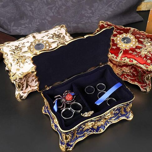 AVESON Luxury Vintage Rectangle Metal Alloy Jewelry Box Trinket Organizer Storage Box with Rose Pattern for Women, Girls, Two-Layer Design, Gold & Blue, Large in Kuwait