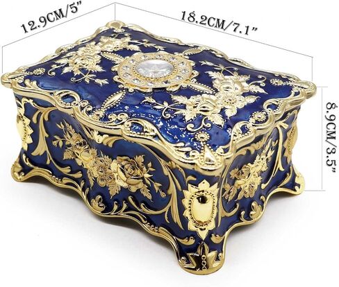 AVESON Luxury Vintage Rectangle Metal Alloy Jewelry Box Trinket Organizer Storage Box with Rose Pattern for Women, Girls, Two-Layer Design, Gold & Blue, Large in Kuwait