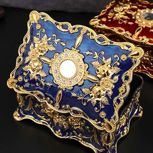 AVESON Luxury Vintage Rectangle Metal Alloy Jewelry Box Trinket Organizer Storage Box with Rose Pattern for Women, Girls, Two-Layer Design, Gold & Blue, Large in Kuwait