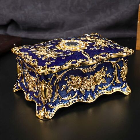 AVESON Luxury Vintage Rectangle Metal Alloy Jewelry Box Trinket Organizer Storage Box with Rose Pattern for Women, Girls, Two-Layer Design, Gold & Blue, Large in Kuwait