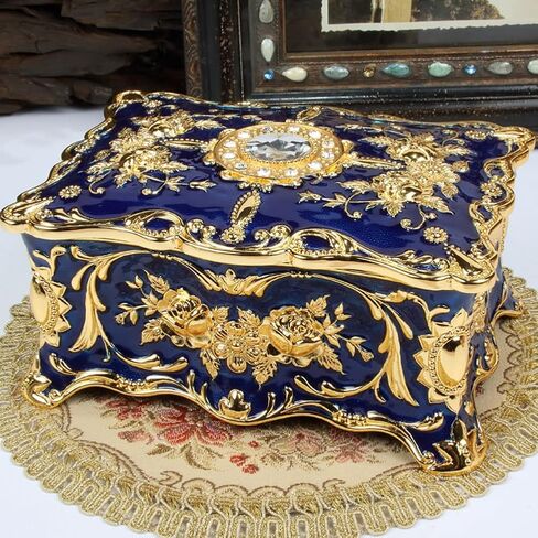 AVESON Luxury Vintage Rectangle Metal Alloy Jewelry Box Trinket Organizer Storage Box with Rose Pattern for Women, Girls, Two-Layer Design, Gold & Blue, Large in Kuwait
