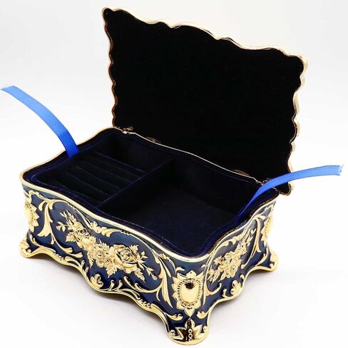 AVESON Luxury Vintage Rectangle Metal Alloy Jewelry Box Trinket Organizer Storage Box with Rose Pattern for Women, Girls, Two-Layer Design, Gold & Blue, Large in Kuwait