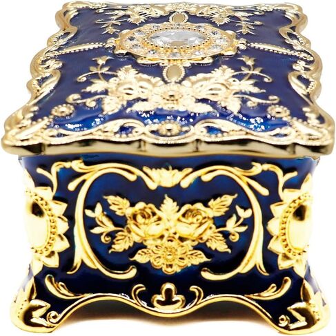 AVESON Luxury Vintage Rectangle Metal Alloy Jewelry Box Trinket Organizer Storage Box with Rose Pattern for Women, Girls, Two-Layer Design, Gold & Blue, Large in Kuwait
