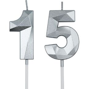 شموع عيد الميلاد الخامس عشر والحادي والخمسين للكيك، رقم فضي 15 51 شمعة ثلاثية الأبعاد على شكل ألماس مستلزمات حفلات أعياد الميلاد للفتيات والفتيان والنساء والرجال in Kuwait