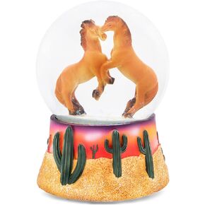 Elanze Designs Playful Mustang Horses Southwest Sunset Dueling Stallions Herd Rearing Dun Brumby Bay Cactus Sand Desert West 100MM Musical Glitter Snow Globe Plays Tune Born Free