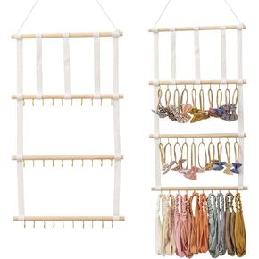 حامل القوس المنظم للشعر من HBselect 4 صفوف للفتيات فيونكات الشعر المعلقة وحامل عصابة رأس الطفل منظم القوس الخشبي مناسب للجدار أو الغرفة أو الباب أو الخزانة (شريط أبيض) in Kuwait