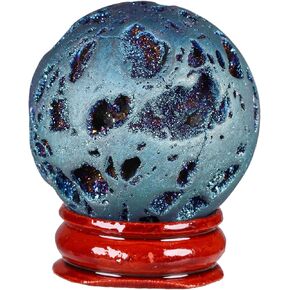 Cheungshing Angel Aura Quartz Druzy Geode Sphere مع قاعدة خشبية، تمثال نحت كرة عقيق كريستال كوارتز مطلي بالتيتانيوم لعيد الفصح، أزرق غامق