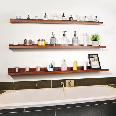 Annecy Floating Shelves Wall Mounted Set of 3, 47 Inch Black Rustic Wood Shelves for Wall, Wall Storage Shelves with Guardrail Design for Bedroom, Bathroom, Kitchen, Office, 3 Different Sizes in Kuwait