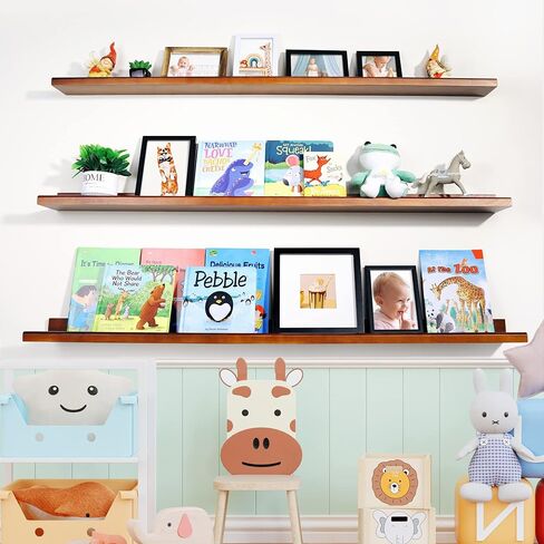 Annecy Floating Shelves Wall Mounted Set of 3, 47 Inch Black Rustic Wood Shelves for Wall, Wall Storage Shelves with Guardrail Design for Bedroom, Bathroom, Kitchen, Office, 3 Different Sizes in Kuwait