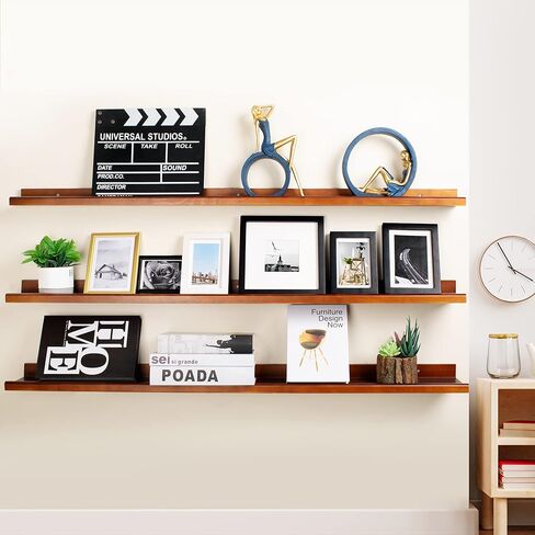 Annecy Floating Shelves Wall Mounted Set of 3, 47 Inch Black Rustic Wood Shelves for Wall, Wall Storage Shelves with Guardrail Design for Bedroom, Bathroom, Kitchen, Office, 3 Different Sizes in Kuwait