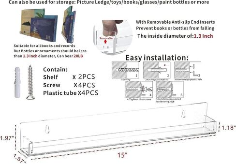 Clear Acrylic Wall Mounted Floating Shelf for Kids Room,15" Invisible Modern Picture Ledge Display Bookshelf,6 Pack Bathroom Storage Ledge Shelves Toy Display Organizer Decor in Saudi Arabia
