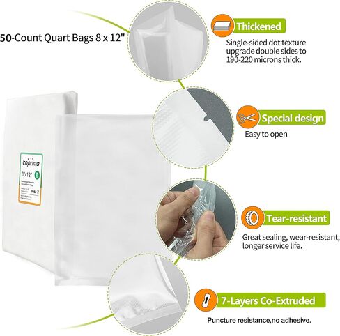أكياس تفريغ الهواء من توبريم، 50 كيسًا مقاس 8 × 12 بوصة لتخزين الطعام، حقيبة بثق مادي مكونة من 7 طبقات مصممة لإغلاق الوجبة، خالية من البيسفينول أ، شديدة التحمل، رائعة لتخزين الطعام أو إعداد الوجبات أو الفيديو الصوتي in Kuwait