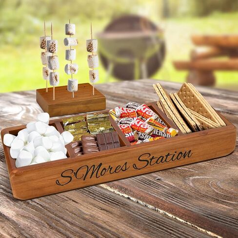 محطة صينية S'Mores، منظم علبة S'Mores لسطح الطاولة، صندوق حامل شريط S'Mores الخشبي، منظم ملحقات Smores، حامل حاوية لوازم Smores، صندوق صانع Smores، صينية تقديم Smores in Kuwait