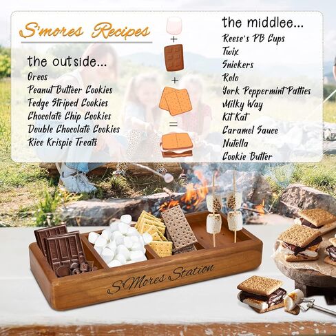 محطة صينية S'Mores، منظم علبة S'Mores لسطح الطاولة، صندوق حامل شريط S'Mores الخشبي، منظم ملحقات Smores، حامل حاوية لوازم Smores، صندوق صانع Smores، صينية تقديم Smores in Kuwait