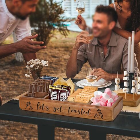 محطة صينية S'Mores، منظم علبة S'Mores لسطح الطاولة، صندوق حامل شريط S'Mores الخشبي، منظم ملحقات Smores، حامل حاوية لوازم Smores، صندوق صانع Smores، صينية تقديم Smores in Kuwait