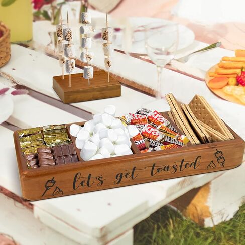 محطة صينية S'Mores، منظم علبة S'Mores لسطح الطاولة، صندوق حامل شريط S'Mores الخشبي، منظم ملحقات Smores، حامل حاوية لوازم Smores، صندوق صانع Smores، صينية تقديم Smores in Kuwait