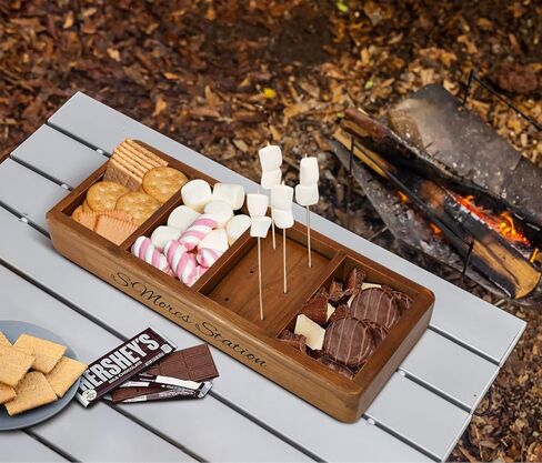 محطة صينية S'Mores، منظم علبة S'Mores لسطح الطاولة، صندوق حامل شريط S'Mores الخشبي، منظم ملحقات Smores، حامل حاوية لوازم Smores، صندوق صانع Smores، صينية تقديم Smores in Kuwait