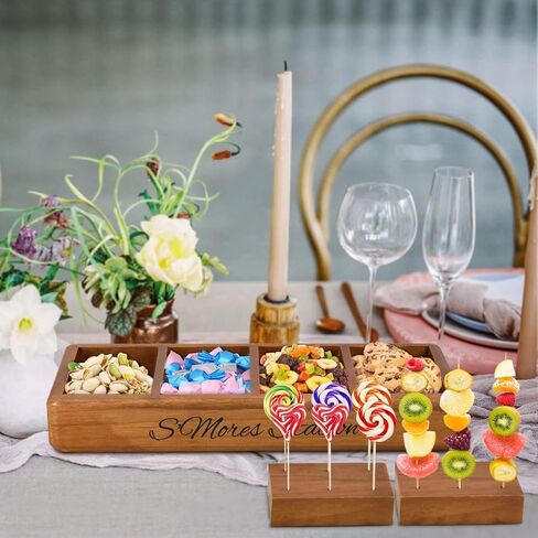 محطة صينية S'Mores، منظم علبة S'Mores لسطح الطاولة، صندوق حامل شريط S'Mores الخشبي، منظم ملحقات Smores، حامل حاوية لوازم Smores، صندوق صانع Smores، صينية تقديم Smores in Kuwait