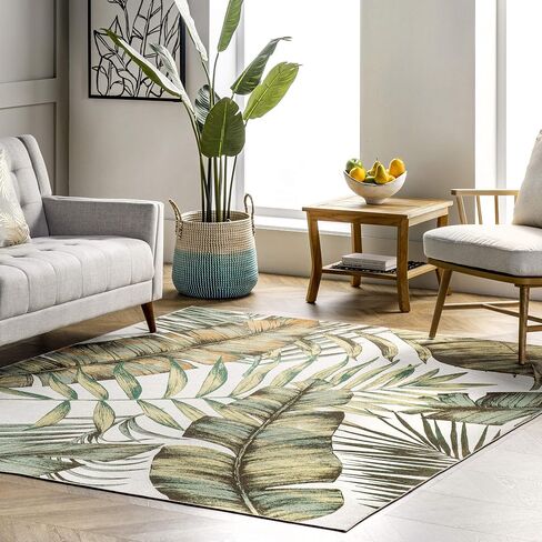 nuLOOM Elen Machine Washable Natural Leaves Ultra Thin Accent Rug, 2' x 3', Olive in Kuwait