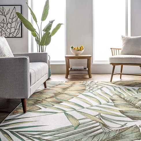nuLOOM Elen Machine Washable Natural Leaves Ultra Thin Accent Rug, 2' x 3', Olive in Kuwait