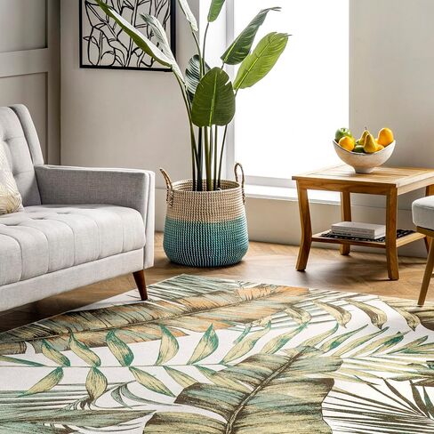 nuLOOM Elen Machine Washable Natural Leaves Ultra Thin Accent Rug, 2' x 3', Olive in Kuwait