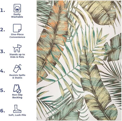 nuLOOM Elen Machine Washable Natural Leaves Ultra Thin Accent Rug, 2' x 3', Olive in Kuwait