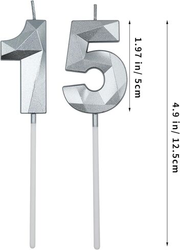 شموع عيد الميلاد الخامس عشر والحادي والخمسين للكيك، رقم فضي 15 51 شمعة ثلاثية الأبعاد على شكل ألماس مستلزمات حفلات أعياد الميلاد للفتيات والفتيان والنساء والرجال in Kuwait