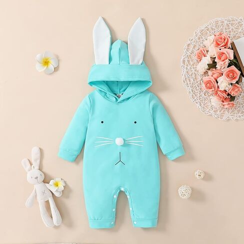 Guodeunh Newborn Baby Girl Boy Easter Romper Bunny Rabbit Ears Hooded Jumpsuit Little Sister and Brother Matching Outfit in Kuwait