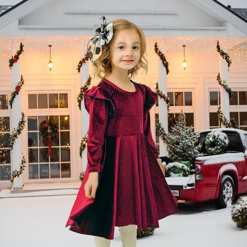 فستان Seiciviy للفتيات من المخمل بأكمام طويلة مكشكش كاجوال للربيع والخريف فستان الأميرة لحفلات الكريسماس ملابس الشتاء in Kuwait