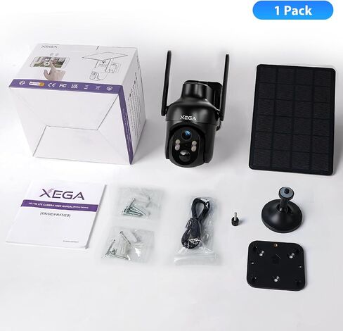 Xega WiFi Solar Security Camera, HD PTZ Wireless Outdoor IP Camera Surveillance Rechargeable Battery with Solar Panel, IR Night Vision, 2-Way Audio, PIR Motion Detection, IP66 Waterproof, 2.4GHz in Saudi Arabia