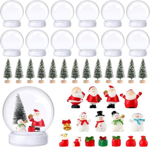 Xinnun 48 Pcs 3.9 Inch Christmas Plastic Snow Globes Kit Including16 Artificial Mini Christmas Trees 16 Mini Resin Christmas Ornaments 16 DIY Snow Globe with Screw off Cap Miniature Pendant Decoration in Kuwait