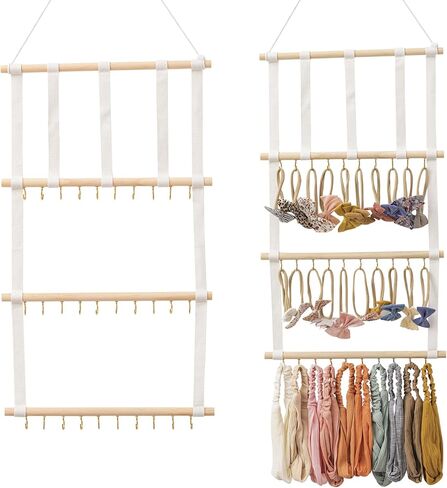 حامل القوس المنظم للشعر من HBselect 4 صفوف للفتيات فيونكات الشعر المعلقة وحامل عصابة رأس الطفل منظم القوس الخشبي مناسب للجدار أو الغرفة أو الباب أو الخزانة (شريط أبيض) in Kuwait