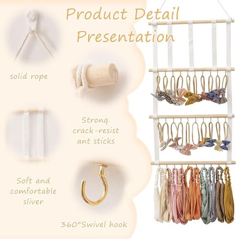 حامل القوس المنظم للشعر من HBselect 4 صفوف للفتيات فيونكات الشعر المعلقة وحامل عصابة رأس الطفل منظم القوس الخشبي مناسب للجدار أو الغرفة أو الباب أو الخزانة (شريط أبيض) in Kuwait