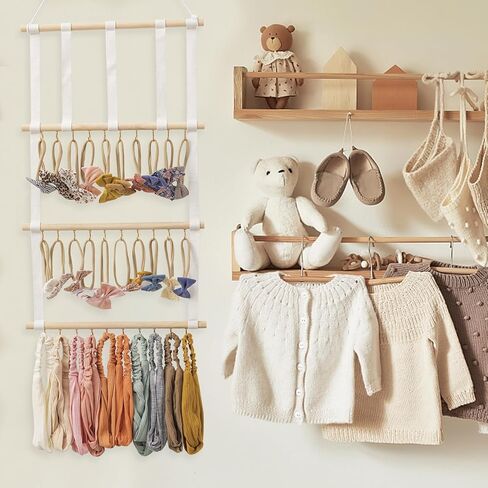 حامل القوس المنظم للشعر من HBselect 4 صفوف للفتيات فيونكات الشعر المعلقة وحامل عصابة رأس الطفل منظم القوس الخشبي مناسب للجدار أو الغرفة أو الباب أو الخزانة (شريط أبيض) in Kuwait