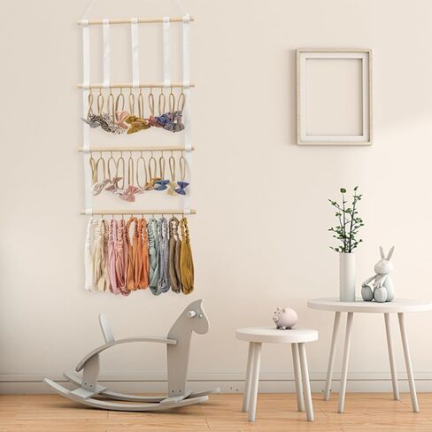 حامل القوس المنظم للشعر من HBselect 4 صفوف للفتيات فيونكات الشعر المعلقة وحامل عصابة رأس الطفل منظم القوس الخشبي مناسب للجدار أو الغرفة أو الباب أو الخزانة (شريط أبيض) in Kuwait