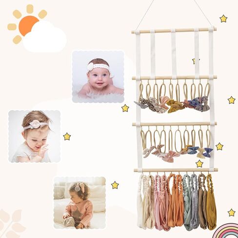 حامل القوس المنظم للشعر من HBselect 4 صفوف للفتيات فيونكات الشعر المعلقة وحامل عصابة رأس الطفل منظم القوس الخشبي مناسب للجدار أو الغرفة أو الباب أو الخزانة (شريط أبيض) in Kuwait