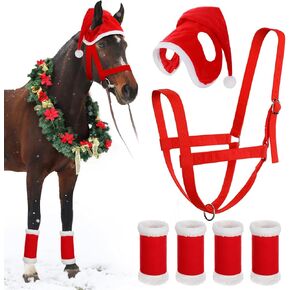 Paterr 6 Pcs Christmas Horse Accessory Includes 4 Pcs Horse Leg Wraps with Faux Fur Trim Holiday Santa Horse Hat Adjustable Nylon Horse Halters for Christmas Horse Costume Accessories in Saudi Arabia