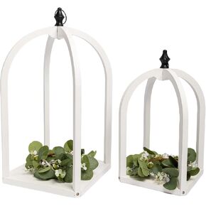 HPC Decor 2 حزمة من الفوانيس الخشبية المزخرفة - فوانيس الشموع المزخرفة مع إكليل وسلسلة LED - قطع مركزية لفوانيس المزرعة الريفية العتيقة لحفلات الزفاف، والحفلات، وديكور المنزل (أبيض متعثر) in Kuwait