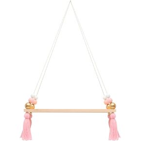 Milisten Rope Hanging Floating Shelves Wood Beads Wall Shelf Boho Storage Rack Decorative Display Ledge Shelf for Living Room Kids Room Bedroom Bathroom Kitchen Pink