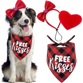 مجموعة زي تنكري للكلاب لعيد الحب من زيمياس - باندانا حمراء منقوشة وربطة عنق على شكل فيونكة وشريط رأس بلينج للكلاب ولعبة قطيفة على شكل قلب للعطلات والحفلات وعيد الحب in Kuwait