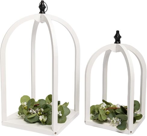 HPC Decor 2 حزمة من الفوانيس الخشبية المزخرفة - فوانيس الشموع المزخرفة مع إكليل وسلسلة LED - قطع مركزية لفوانيس المزرعة الريفية العتيقة لحفلات الزفاف، والحفلات، وديكور المنزل (أبيض متعثر) in Kuwait