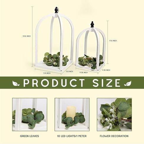 HPC Decor 2 حزمة من الفوانيس الخشبية المزخرفة - فوانيس الشموع المزخرفة مع إكليل وسلسلة LED - قطع مركزية لفوانيس المزرعة الريفية العتيقة لحفلات الزفاف، والحفلات، وديكور المنزل (أبيض متعثر) in Kuwait