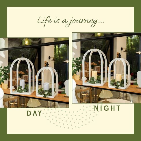 HPC Decor 2 حزمة من الفوانيس الخشبية المزخرفة - فوانيس الشموع المزخرفة مع إكليل وسلسلة LED - قطع مركزية لفوانيس المزرعة الريفية العتيقة لحفلات الزفاف، والحفلات، وديكور المنزل (أبيض متعثر) in Kuwait