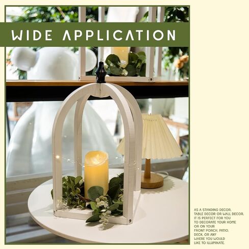 HPC Decor 2 حزمة من الفوانيس الخشبية المزخرفة - فوانيس الشموع المزخرفة مع إكليل وسلسلة LED - قطع مركزية لفوانيس المزرعة الريفية العتيقة لحفلات الزفاف، والحفلات، وديكور المنزل (أبيض متعثر) in Kuwait