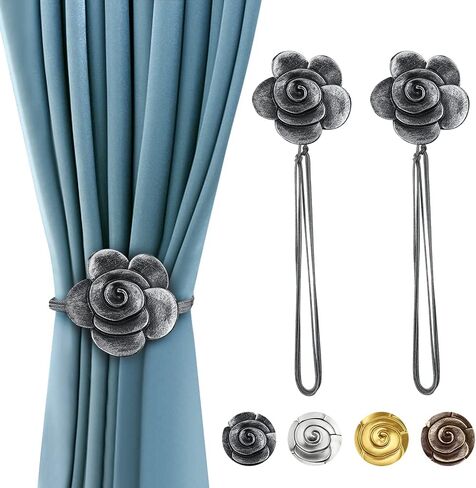 Curtain Ties Magnetic, Aimou Resin Flower Curtain Tiebacks Vintage Curtain Drapery Holdbacks, Magnetic Window Drapery Decorative Holders with Rope for Outdoor, Home, and Office(2 Pack, Ink Black) in Saudi Arabia