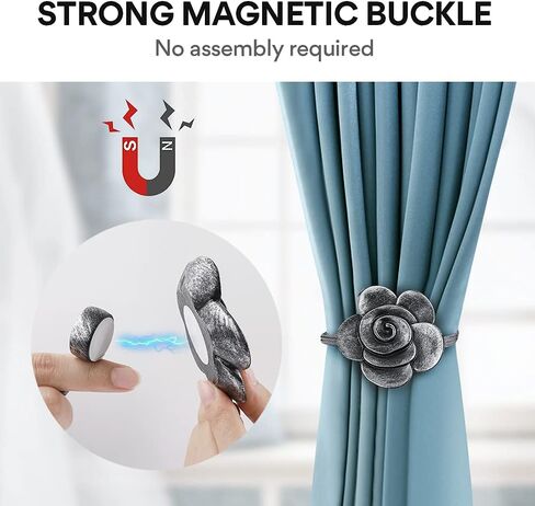 Curtain Ties Magnetic, Aimou Resin Flower Curtain Tiebacks Vintage Curtain Drapery Holdbacks, Magnetic Window Drapery Decorative Holders with Rope for Outdoor, Home, and Office(2 Pack, Ink Black) in Saudi Arabia