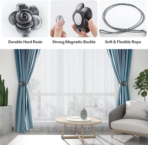 Curtain Ties Magnetic, Aimou Resin Flower Curtain Tiebacks Vintage Curtain Drapery Holdbacks, Magnetic Window Drapery Decorative Holders with Rope for Outdoor, Home, and Office(2 Pack, Ink Black) in Saudi Arabia
