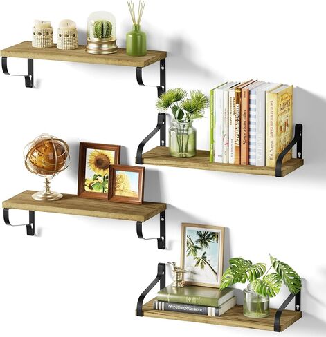 Love-KANKEI Floating Shelves for Wall Set of 4, Rustic Wood Wall Shelves with Brackets, 15.7 Inch Hanging Shelves for Bathroom, Bedroom, Living Room, Kitchen, Office Display Carbonized Black in Kuwait