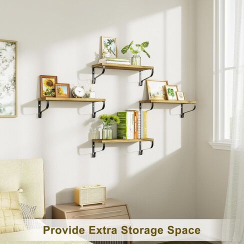 Love-KANKEI Floating Shelves for Wall Set of 4, Rustic Wood Wall Shelves with Brackets, 15.7 Inch Hanging Shelves for Bathroom, Bedroom, Living Room, Kitchen, Office Display Carbonized Black in Kuwait